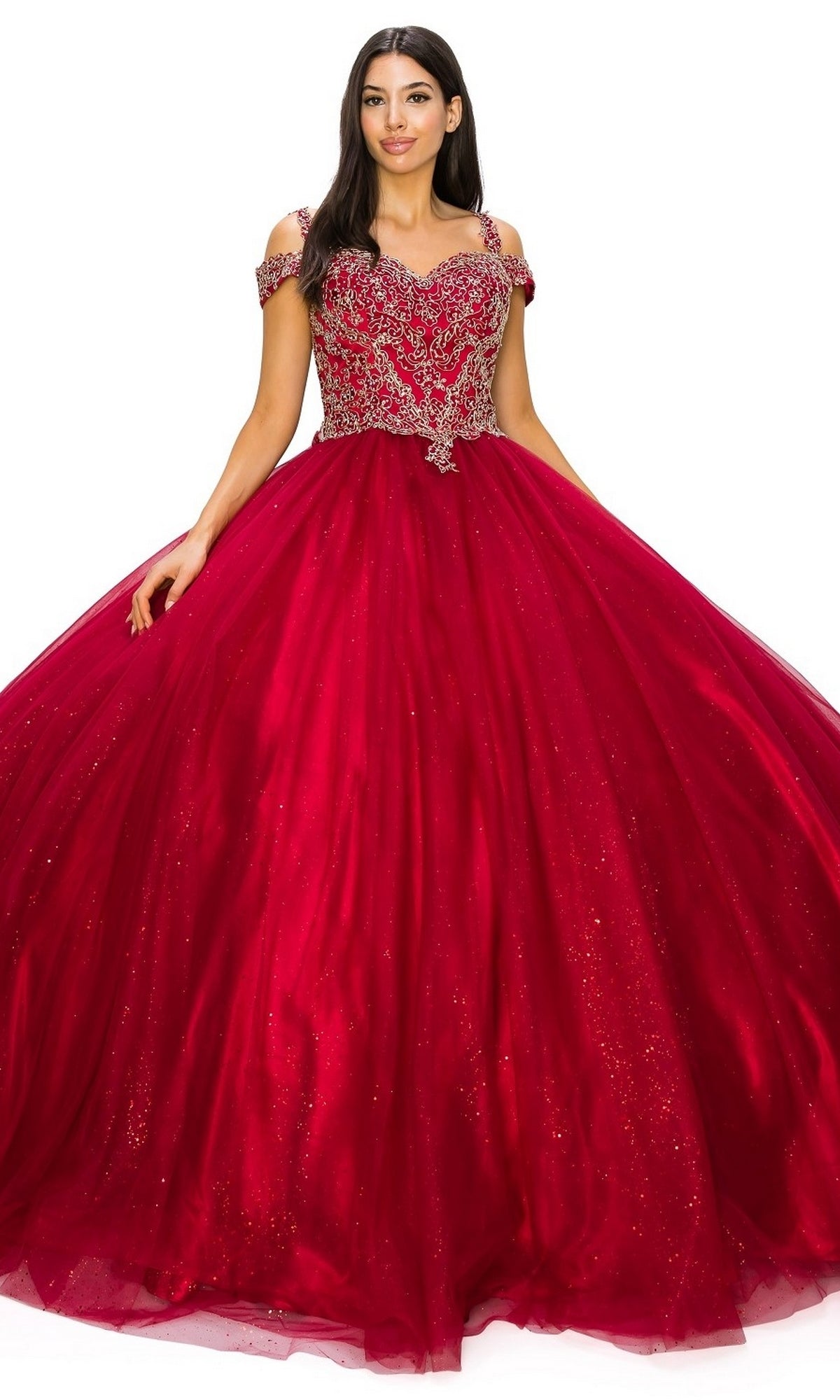 A woman wearing the Quinceanera Ball Gown 8028J, featuring an off-the-shoulder design, fitted beaded bodice, and a full sparkling glitter tulle ball gown skirt.